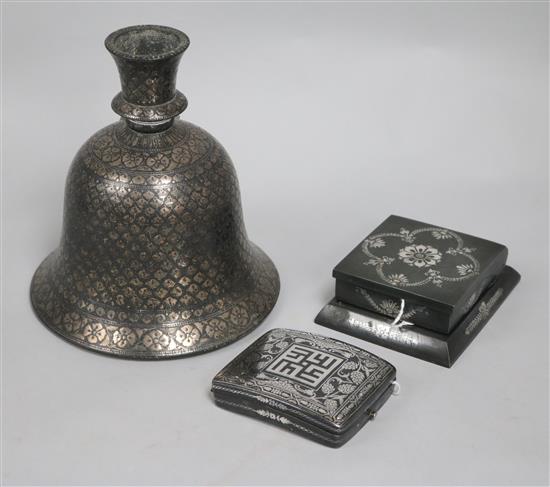 An Indian Bidri hookah base, and two other items of Bidri ware